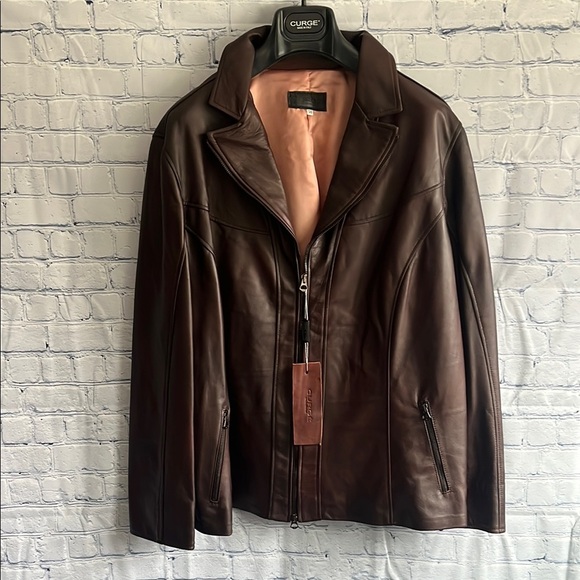 Italian Brown Leather Zip Up Jacket Made‎ by  CURGÈ Woman size 2XL EU 58 NWT W5 - Picture 1 of 8